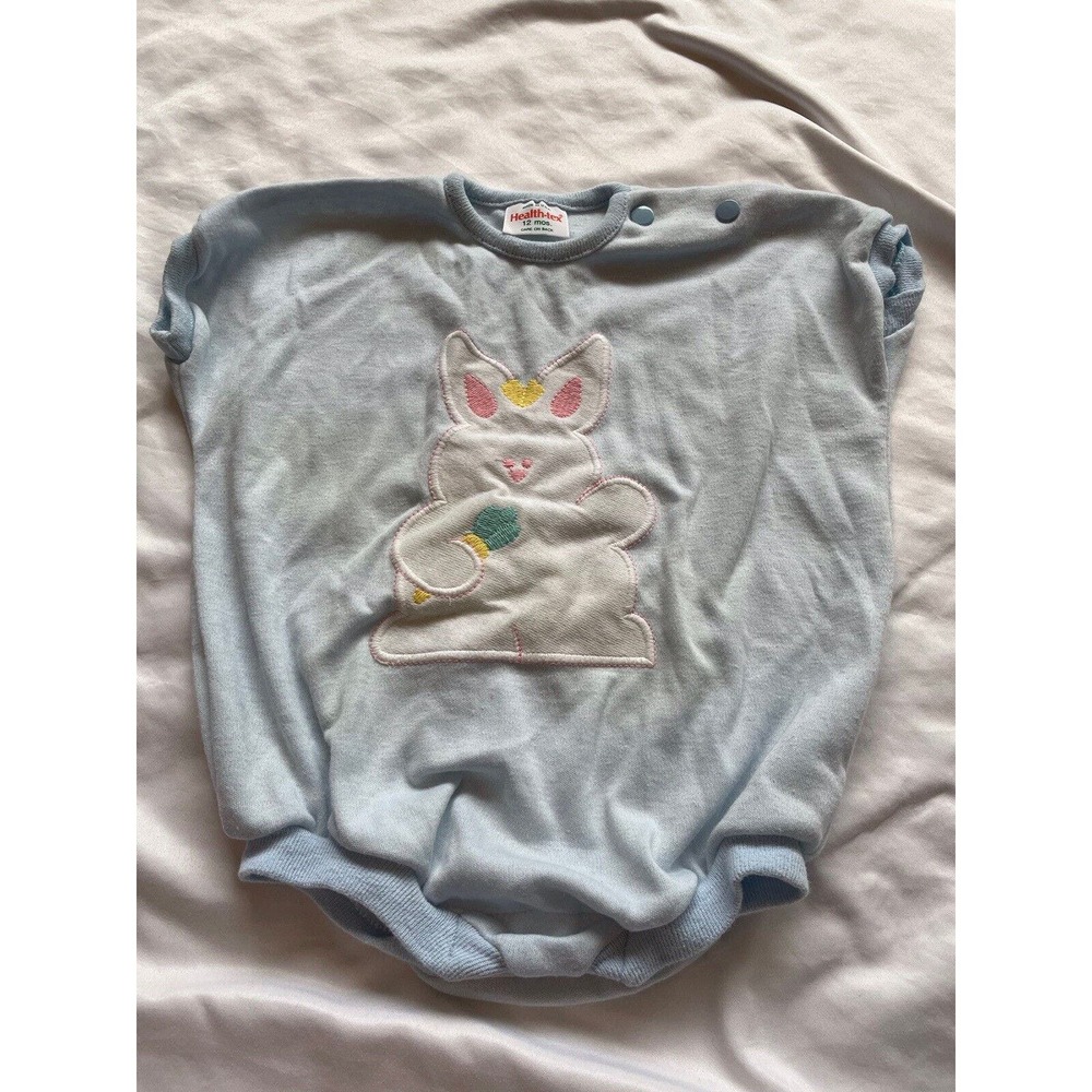 Vintage Healthtex Blue Summer Bubble Romper Bunny Applique Pastel Stripe Sz 12m